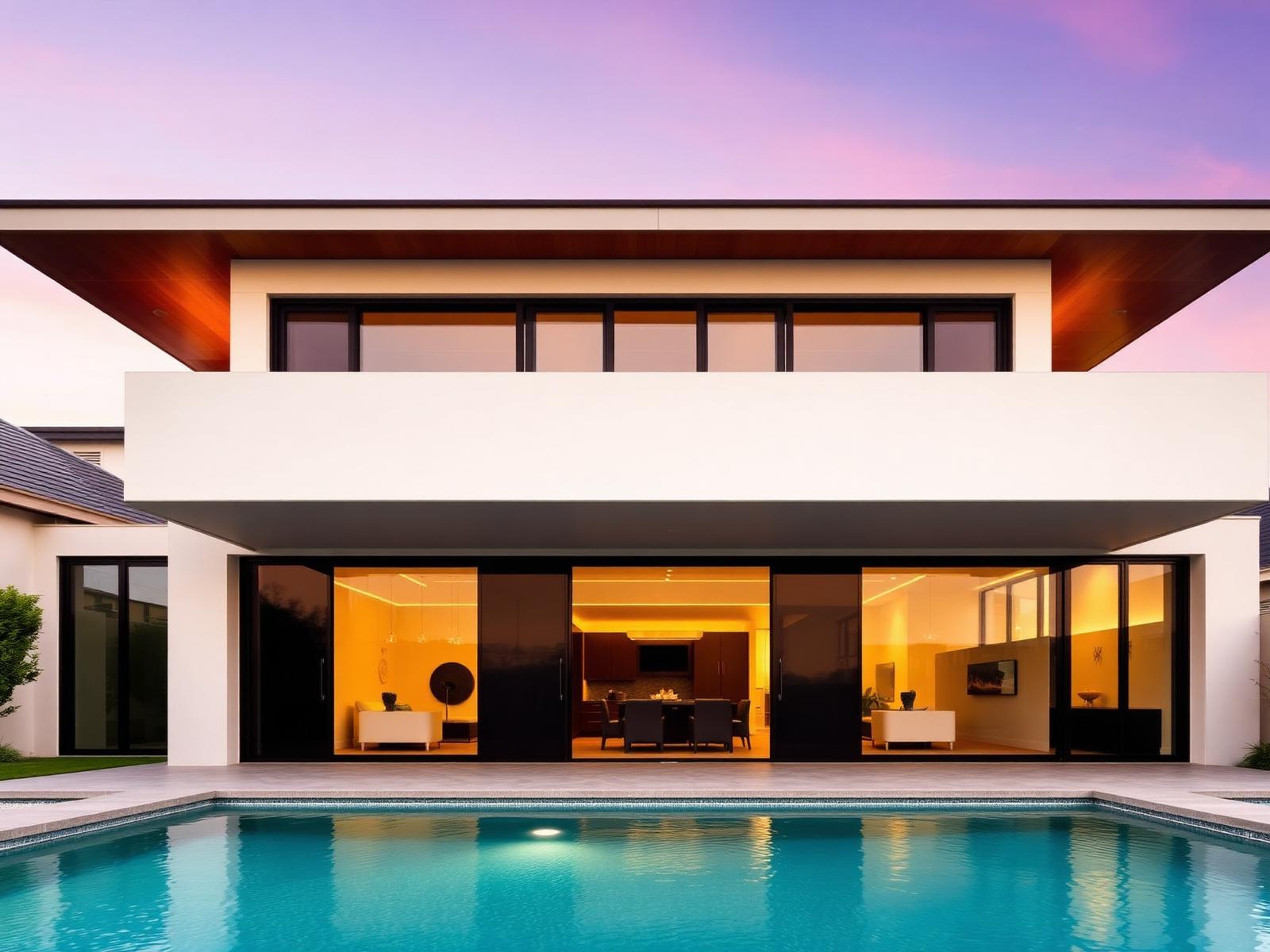 Modern home built by Building Solutions at golden hour